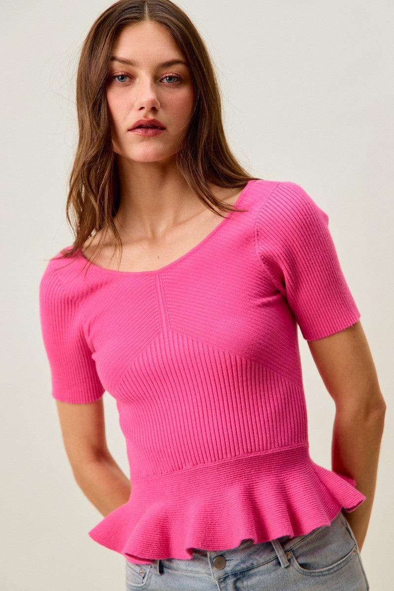 SO ME ribbed knit short sleeve peplum sweater top in vibrant pink