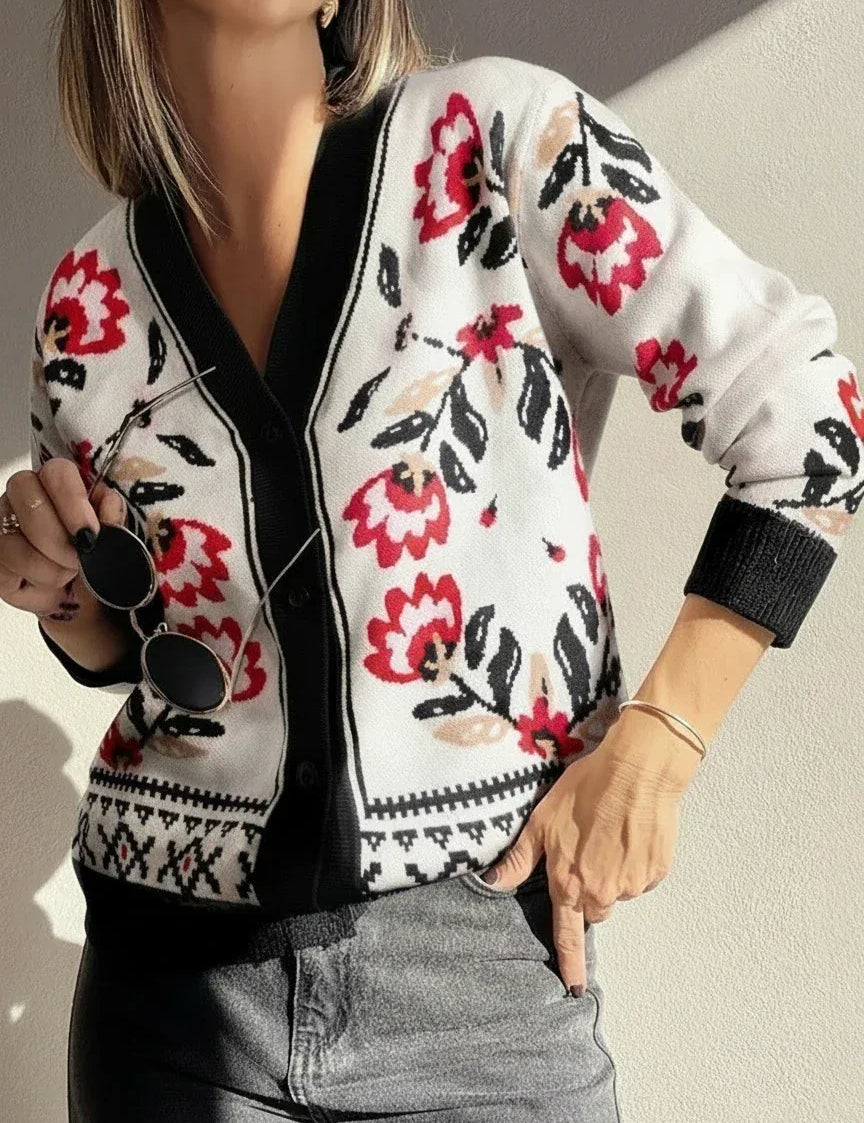 Daverri Fashions Floral Button Down Cardigan with Geometric Border - DAVERRI FASHIONS