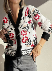 Daverri Fashions Floral Button Down Cardigan with Geometric Border - DAVERRI FASHIONS