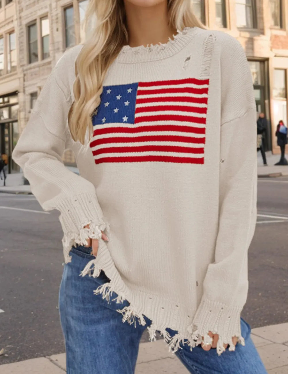 Cream US Flag Distressed Round Neck Long Sleeve Sweater | Sweaters Daverri Fashions