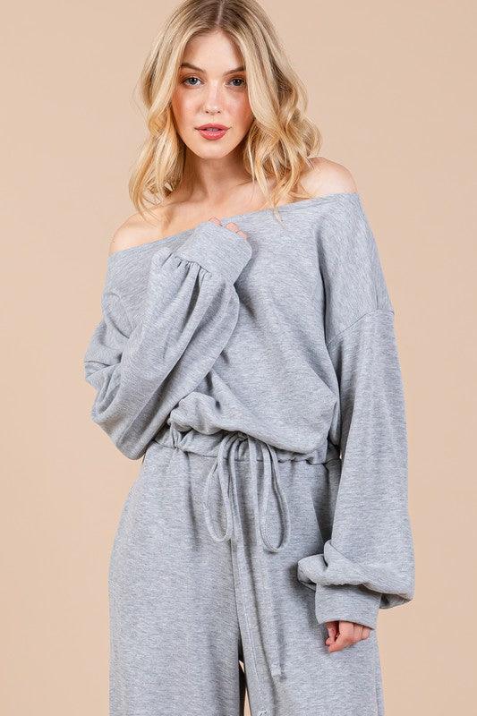 Ces Femme Boat Neck Long Sleeve Drawstring Jumpsuit Jumpsuits