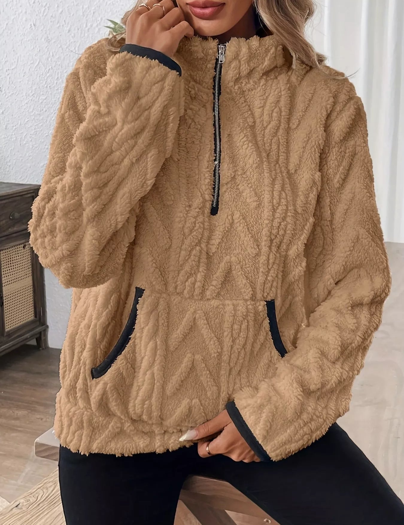 Khaki Cozy Sherpa Half Zip Sweatshirt | Sweatshirts Daverri Fashions