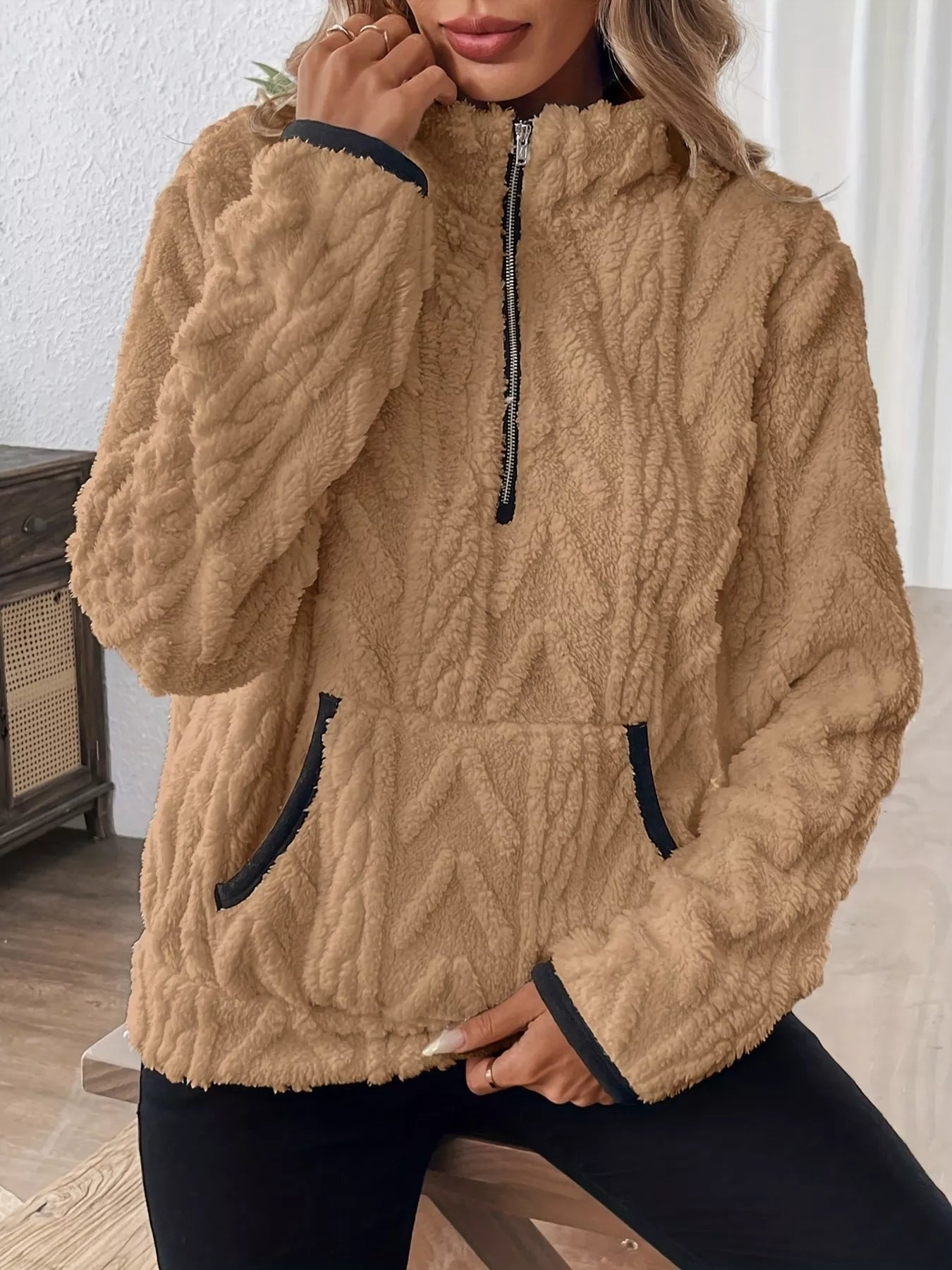 Khaki Cozy Sherpa Half Zip Sweatshirt | Sweatshirts Daverri Fashions
