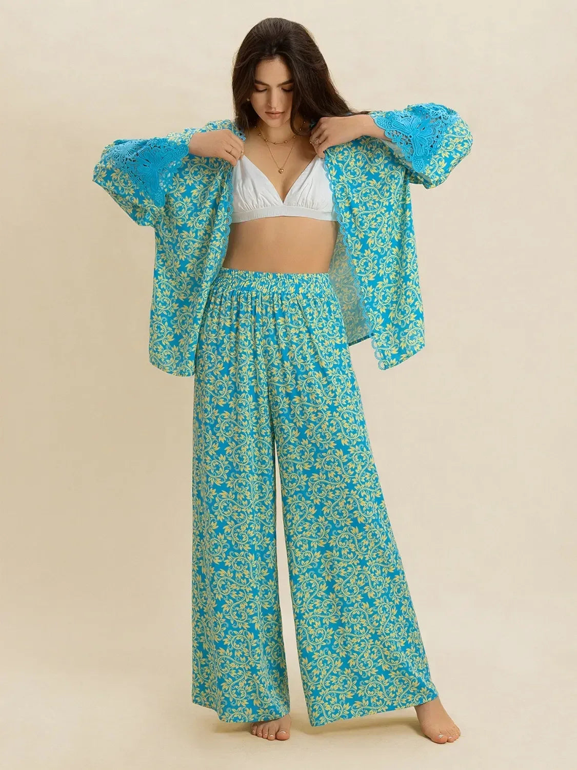 Open Front Printed Top and Pants Set - DAVERRI FASHIONS