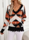 Daverri Fashions geometric frayed hem V-neck long sleeve sweater