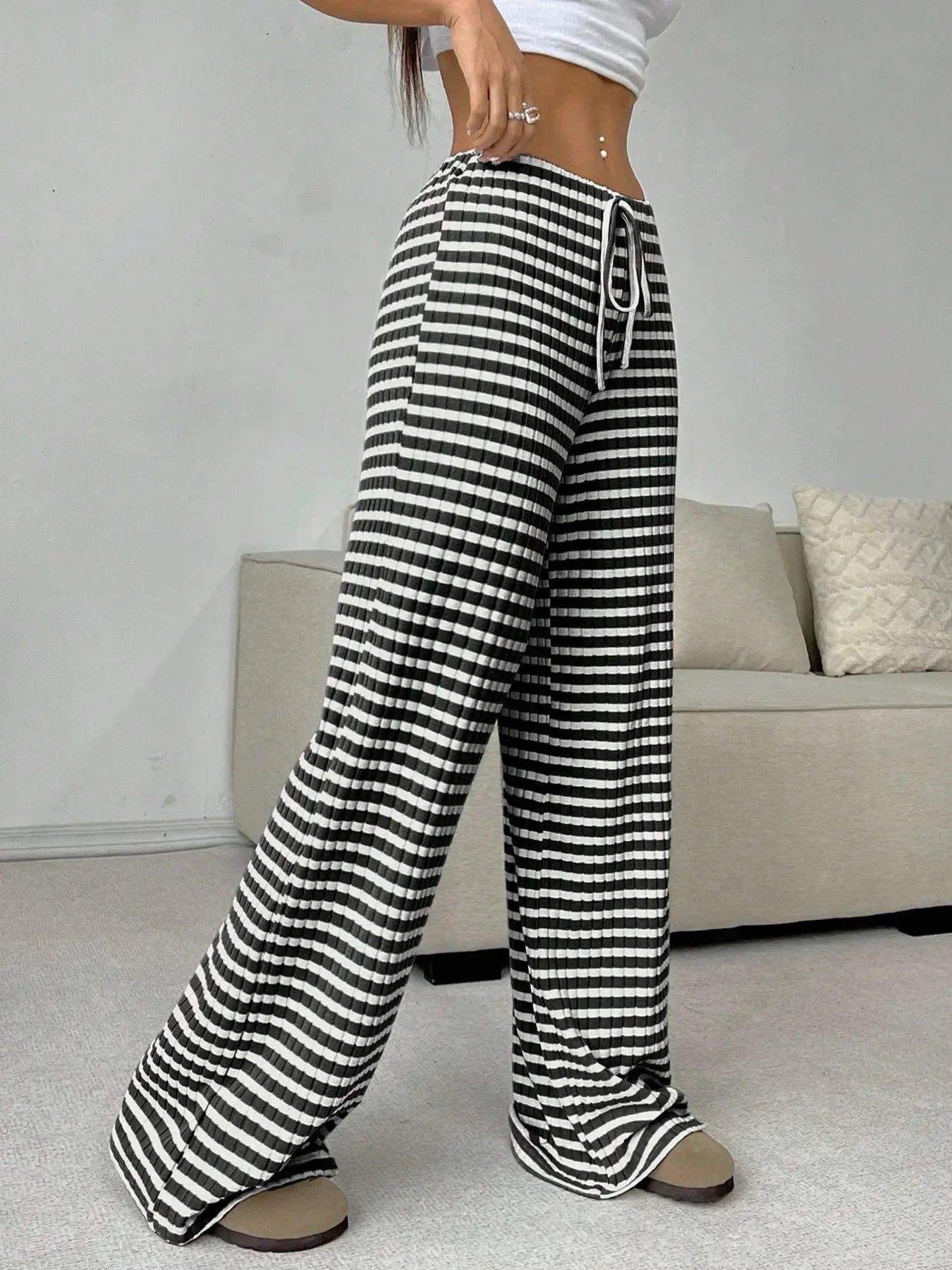Striped Wide Leg Drawstring Pants - DAVERRI FASHIONS