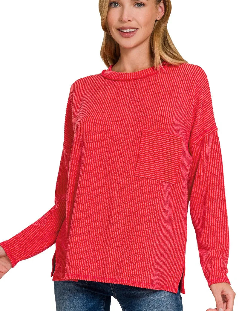 RUBY Zenana Long Sleeve Drop Shoulder Rib Top | Tops Daverri Fashions