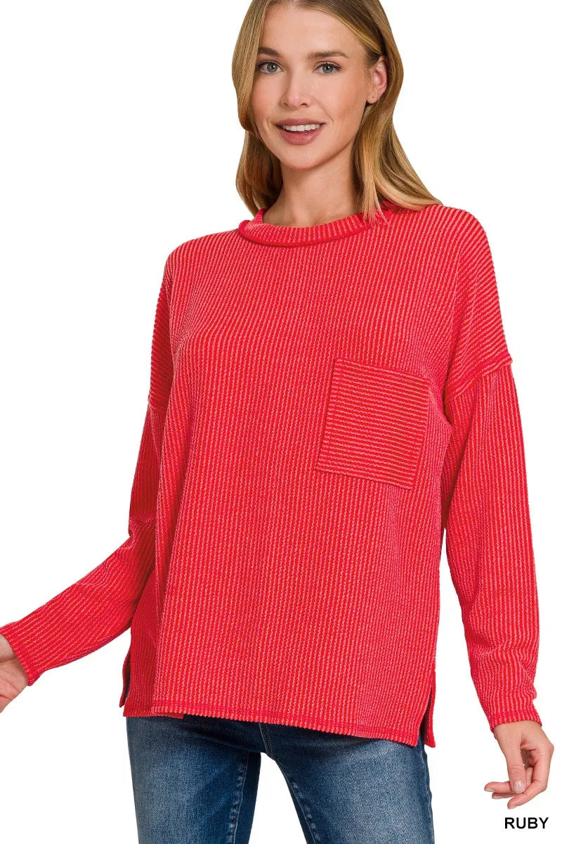 Zenana Long Sleeve Drop Shoulder Rib Top RUBY