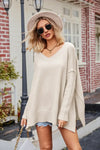 Slit V-Neck Dropped Shoulder Sweater - DAVERRI FASHIONS