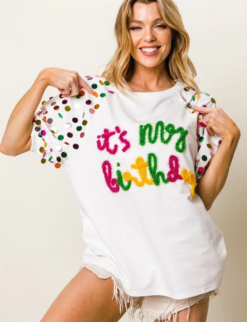 BiBi Metallic Letter Spangle Raglan Puff Sleeve Top | Tops Daverri Fashions