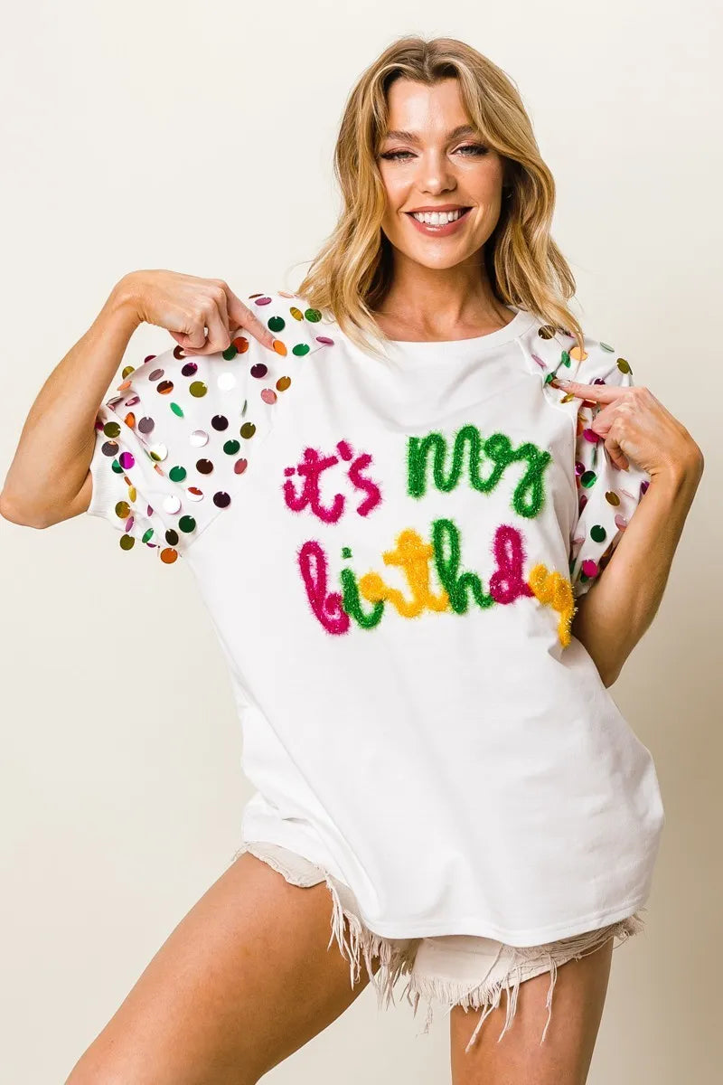 BiBi Metallic Letter Spangle Raglan Puff Sleeve Top Tops