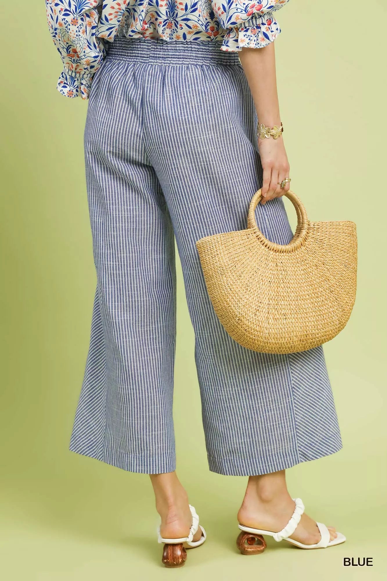 Umgee blue and white striped high-waist wide-leg linen blend pants