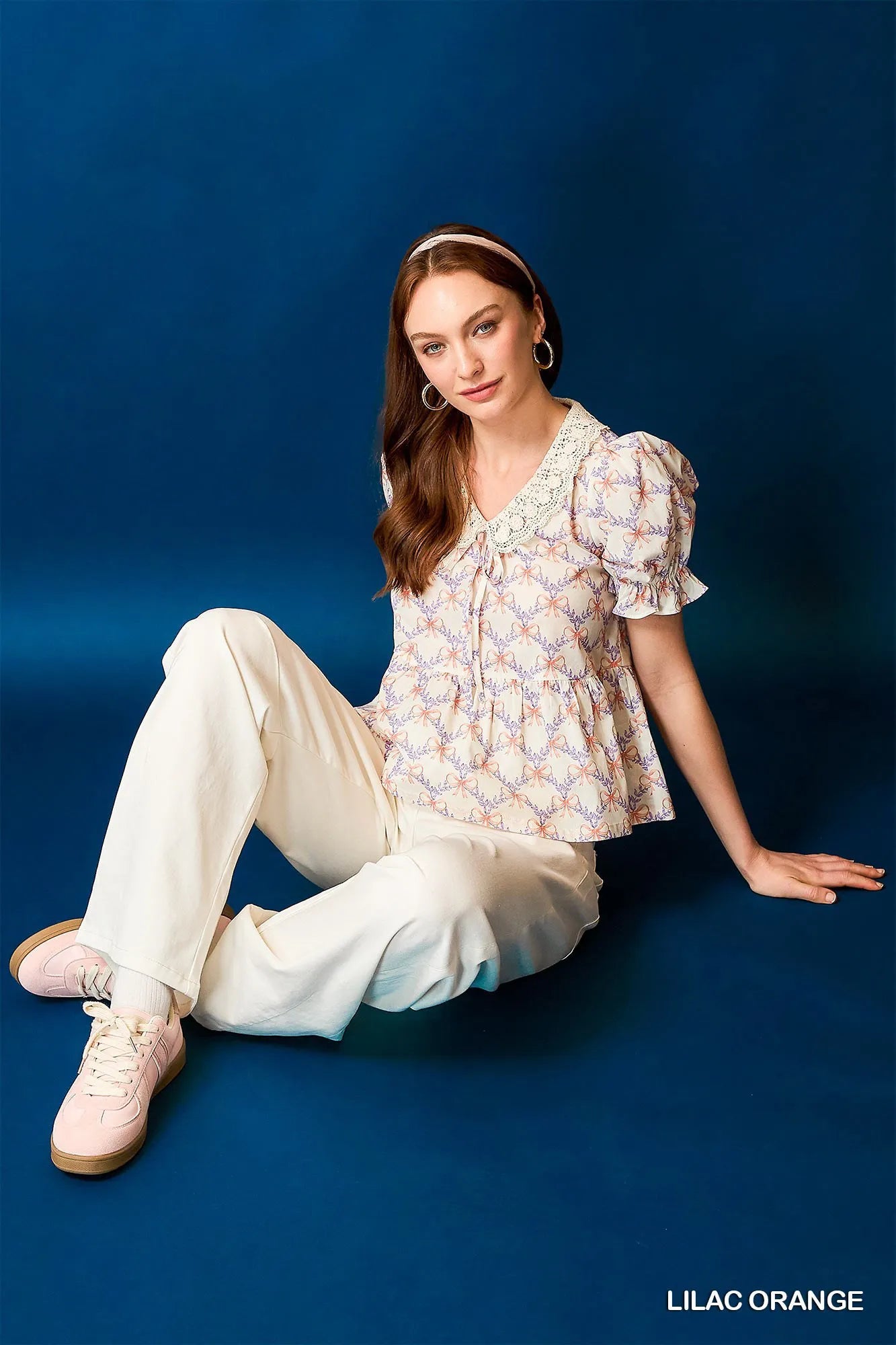 Umgee lace detail bow print flounce sleeve blouse in light pink