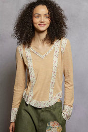 NUDE BEIGE POL Floral Patch V-Neck Long Sleeve Ribbed Top | Daverri Fashions