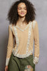 POL Floral Patch V-Neck Long Sleeve Ribbed Top - DAVERRI FASHIONS