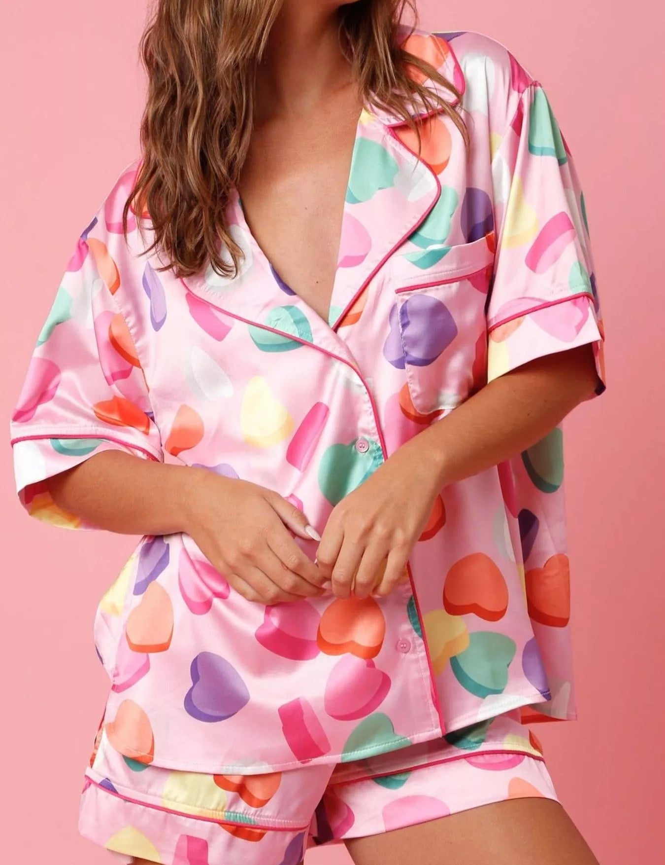 Pink Button Up Half Sleeve Shirt and Shorts Lounge Set | Loungewear Sets Daverri Fashions