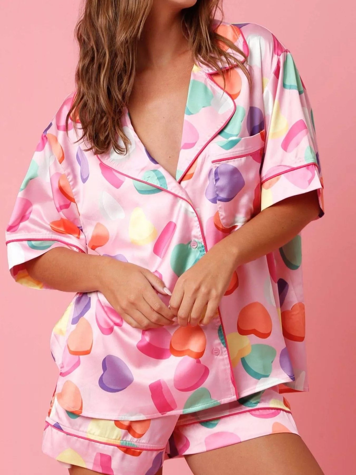 Pink Button Up Half Sleeve Shirt and Shorts Lounge Set | Loungewear Sets Daverri Fashions