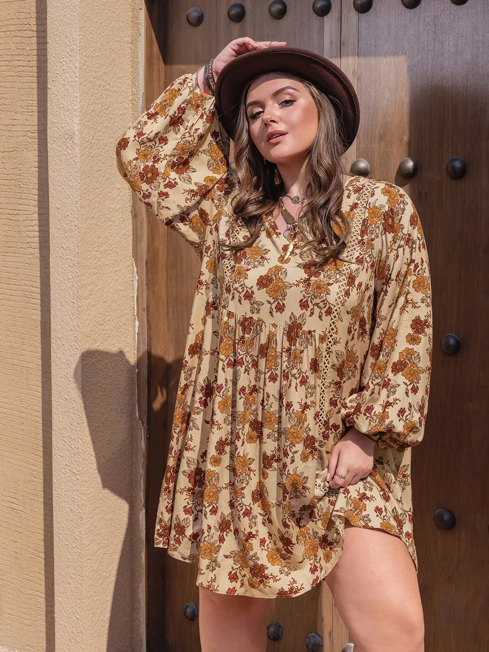 Plus Size Printed V-Neck Balloon Sleeve Mini Dress | Mini Dresses Daverri Fashions