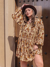 Plus Size Printed V-Neck Balloon Sleeve Mini Dress | Mini Dresses Daverri Fashions