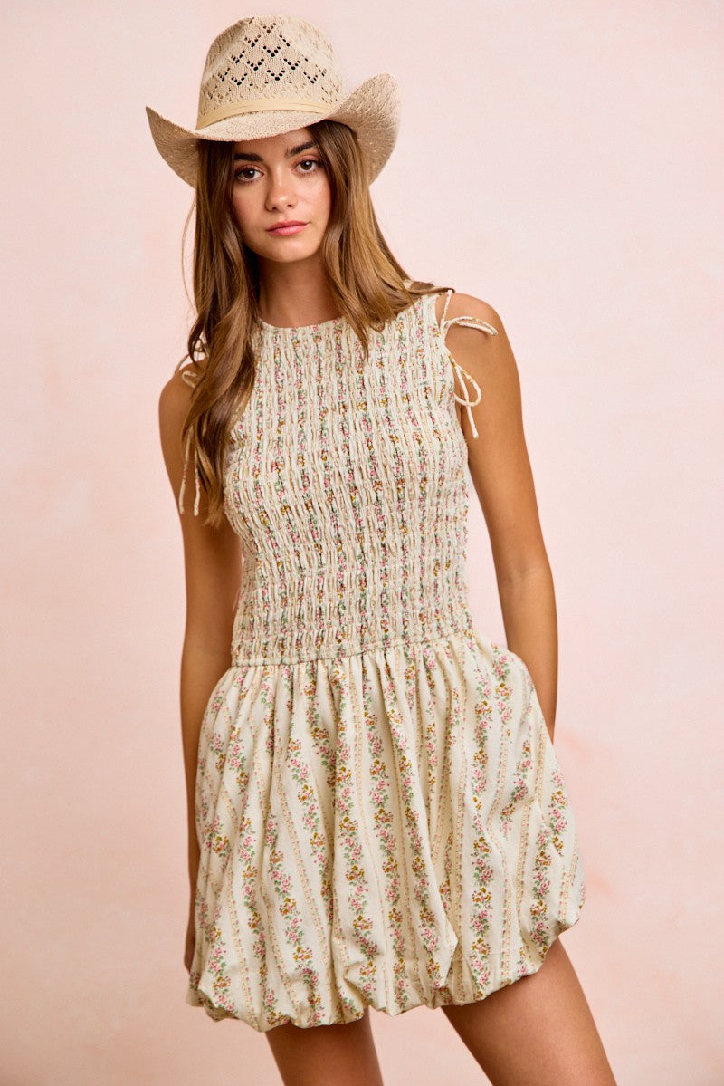 BiBi floral bow tie attachable puff sleeves cream smocked dress