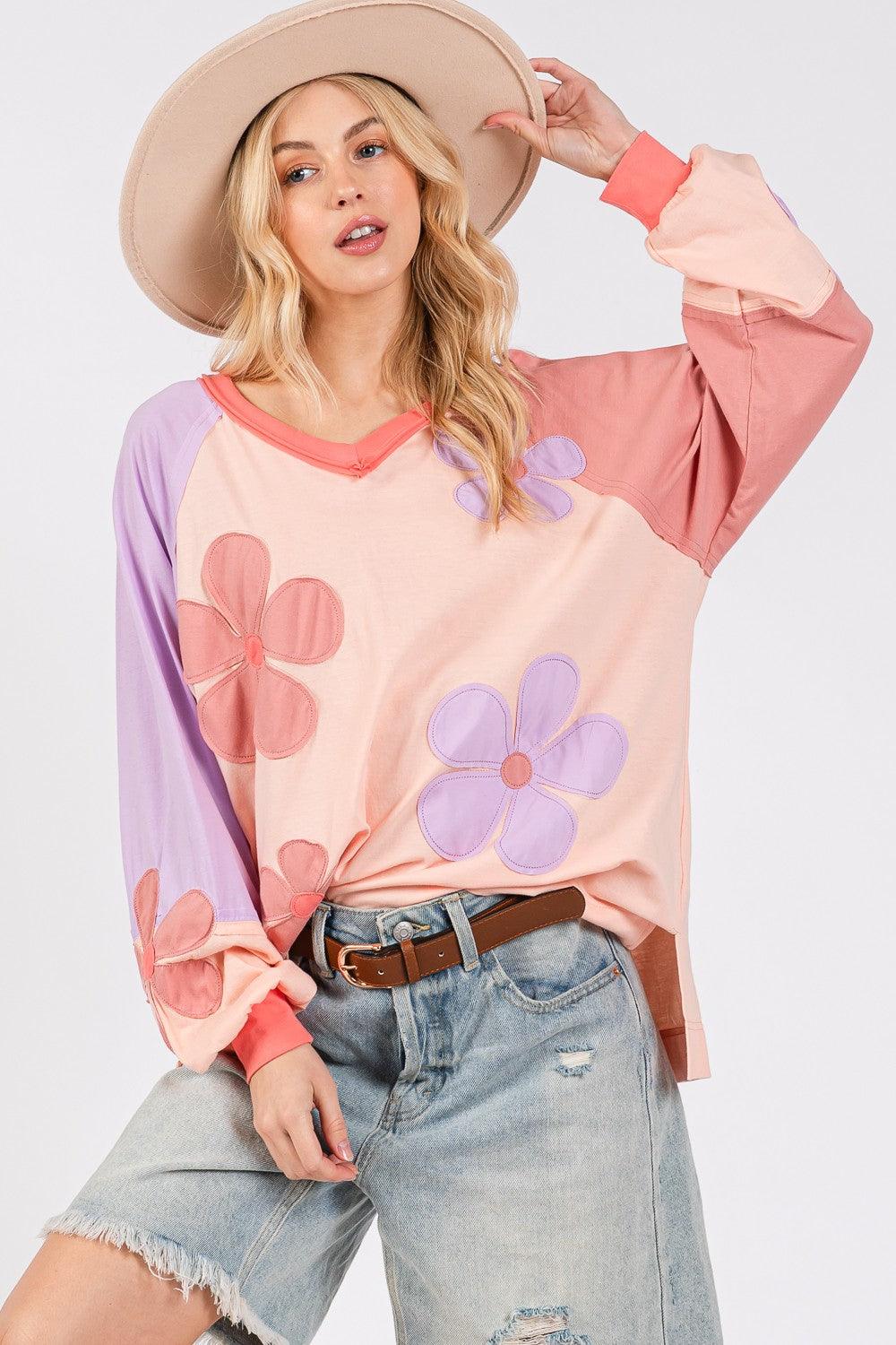 SAGE + FIG Full Size Daisy Applique Patch Color Block Long Sleeve Top Blush Tops