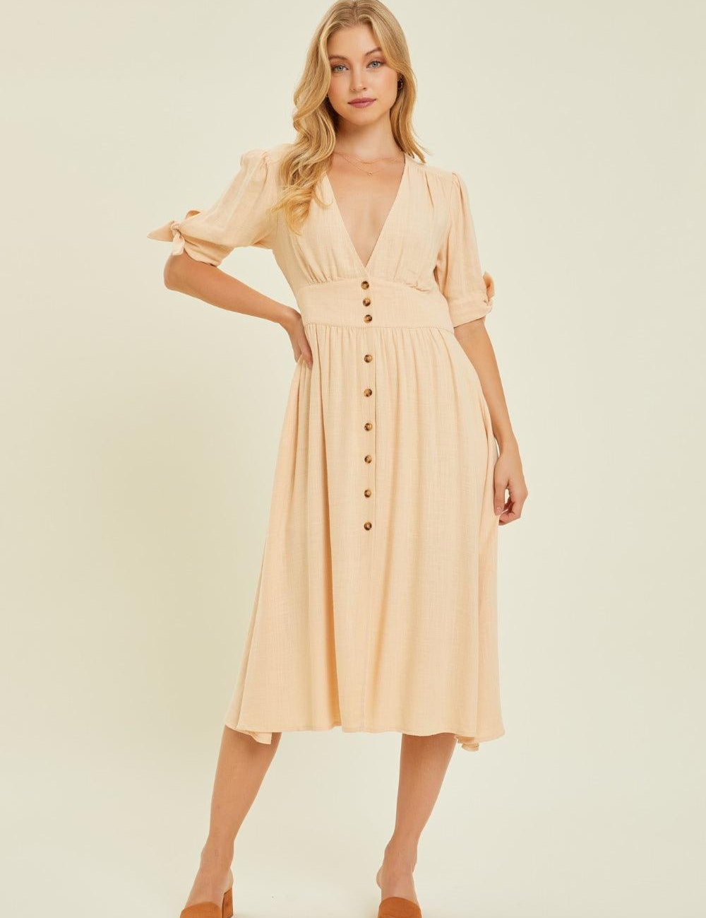 HEYSON Full Size Textured Linen V-Neck Button-Down Midi Dress Cream Midi Dresses