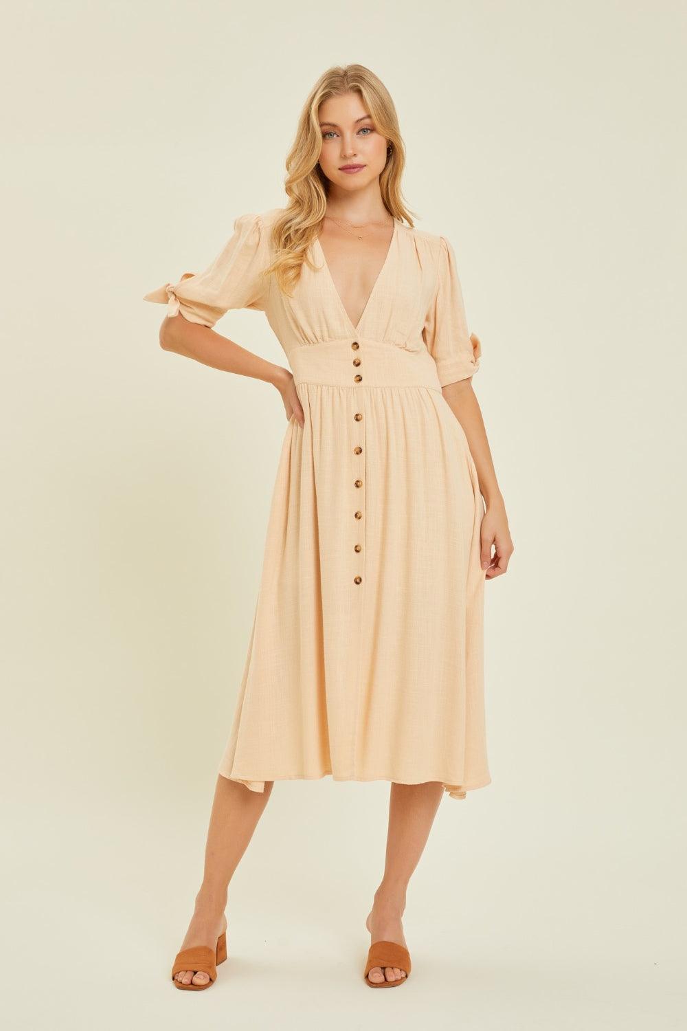 HEYSON Full Size Textured Linen V-Neck Button-Down Midi Dress Cream Midi Dresses