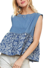 DENIM ADORA Sleeveless Denim Contrast Top | Daverri Fashions