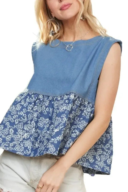ADORA Sleeveless Denim Contrast Top - DAVERRI FASHIONS