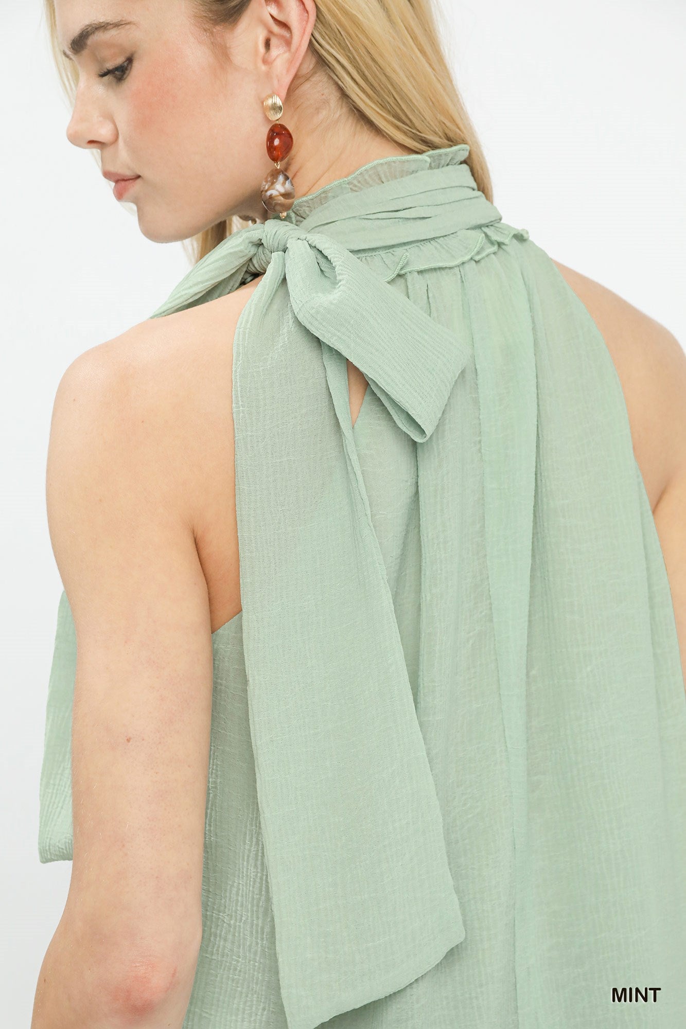 Umgee mint halter tie neck chiffon top back with ruffled tie