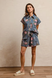 BiBi Floral Printed Denim Short Pants With Pocket | Denim Shorts Daverri Fashions