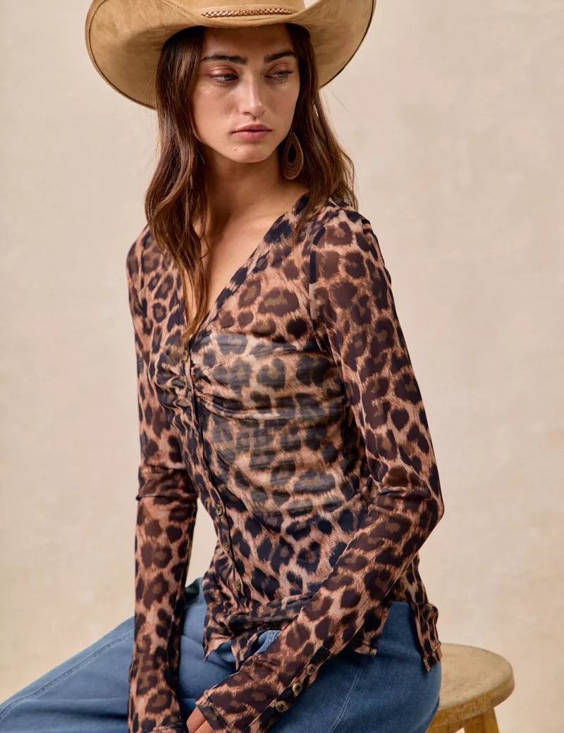 BiBi Leopard Printed Mesh Shirt With Button Up V Neck | Shirts Daverri Fashions