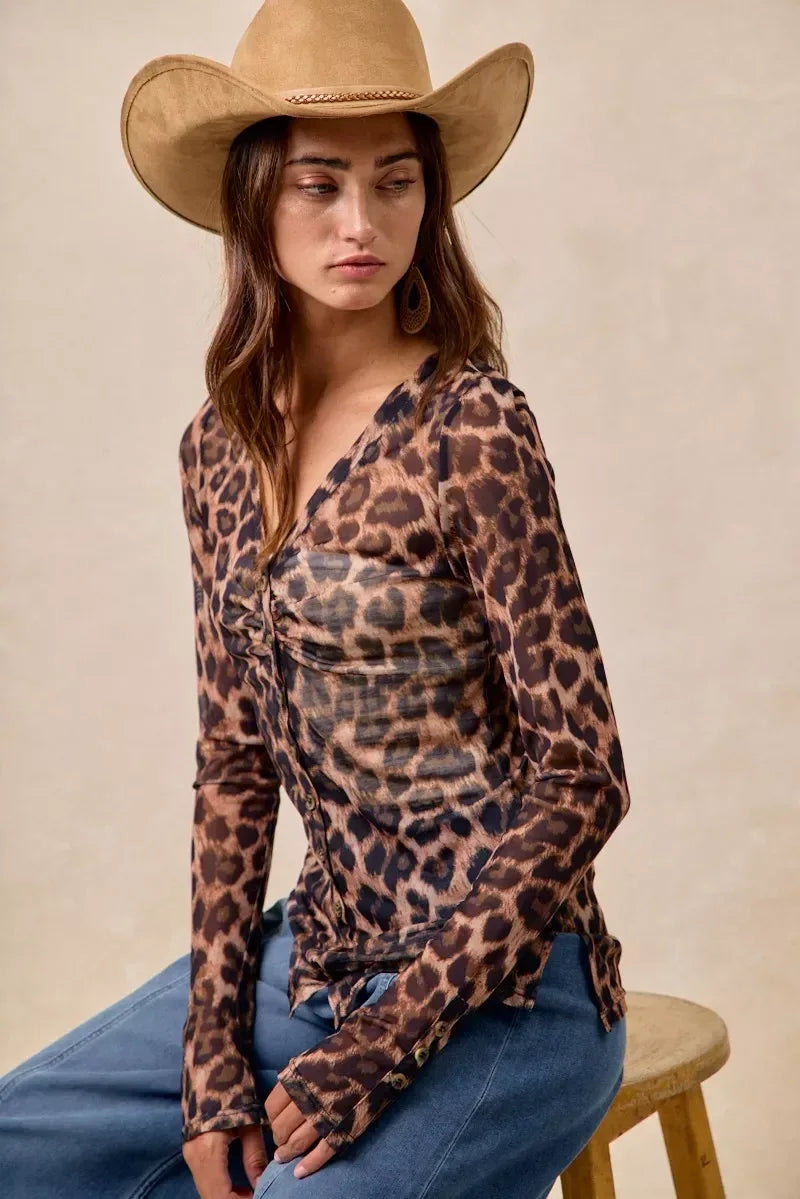 BiBi Leopard Printed Mesh Shirt With Button Up V Neck - DAVERRI FASHIONS