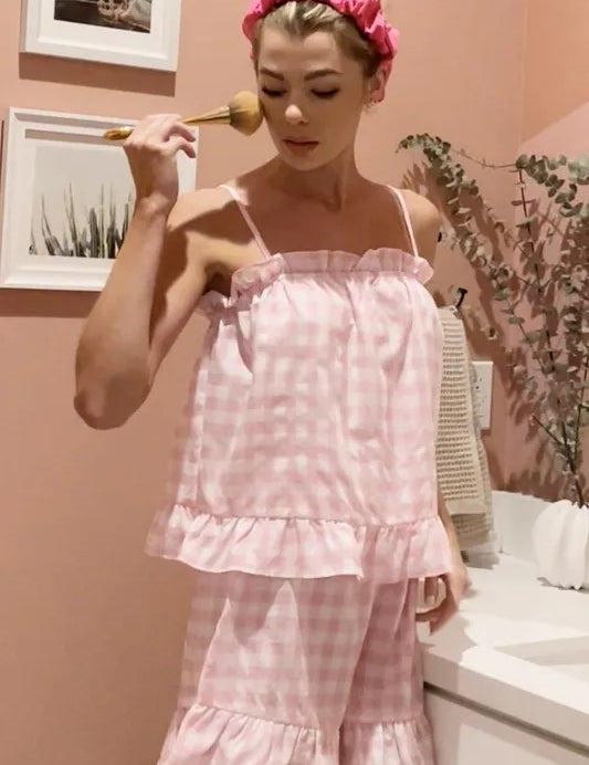 PINK Lime 'N' Chili Gingham Ruffle Trim Cami and Shorts Pajama Set | Outfit Sets Daverri Fashions