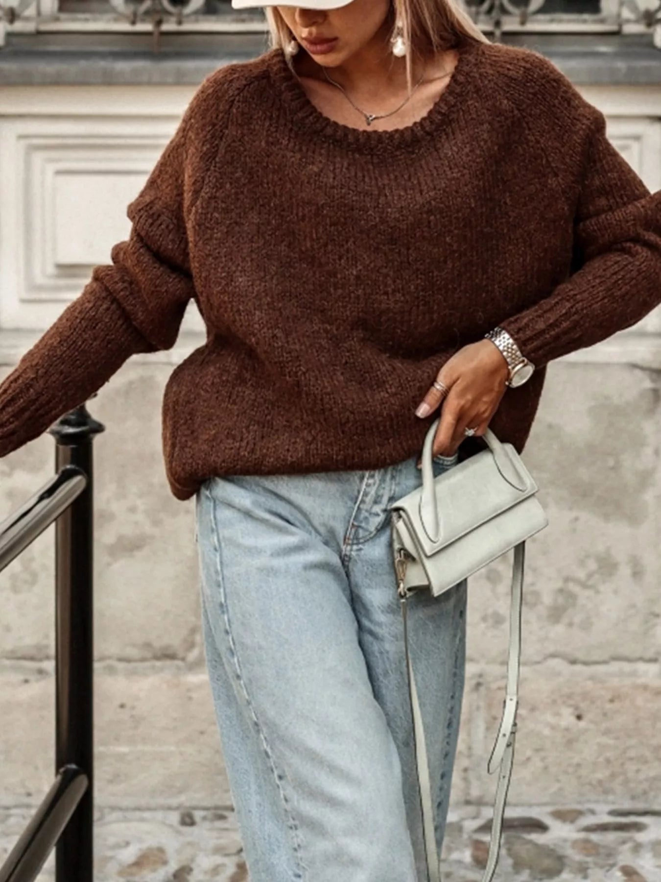 Round Neck Drop Shoulder Sweater | Sweaters Daverri Fashions