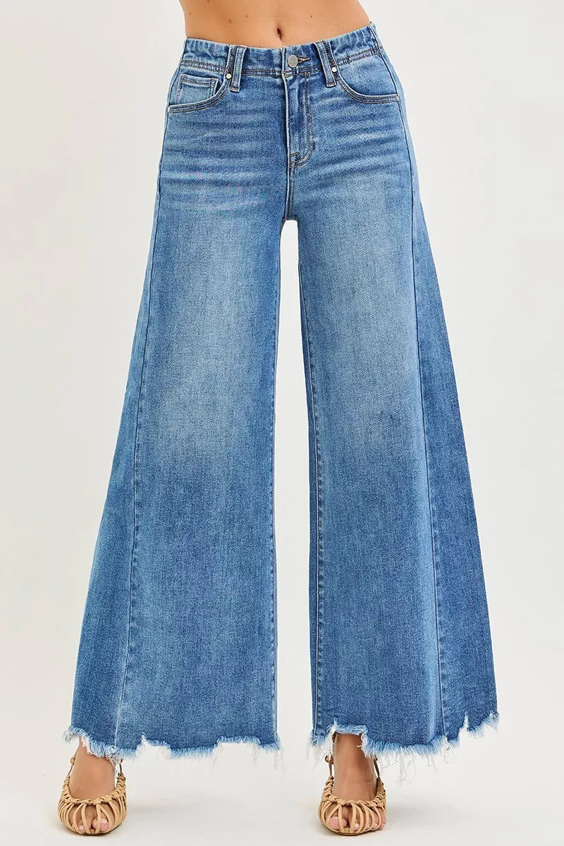 Medium-wash blue Risen high-rise ankle wide-leg jeans with frayed hem