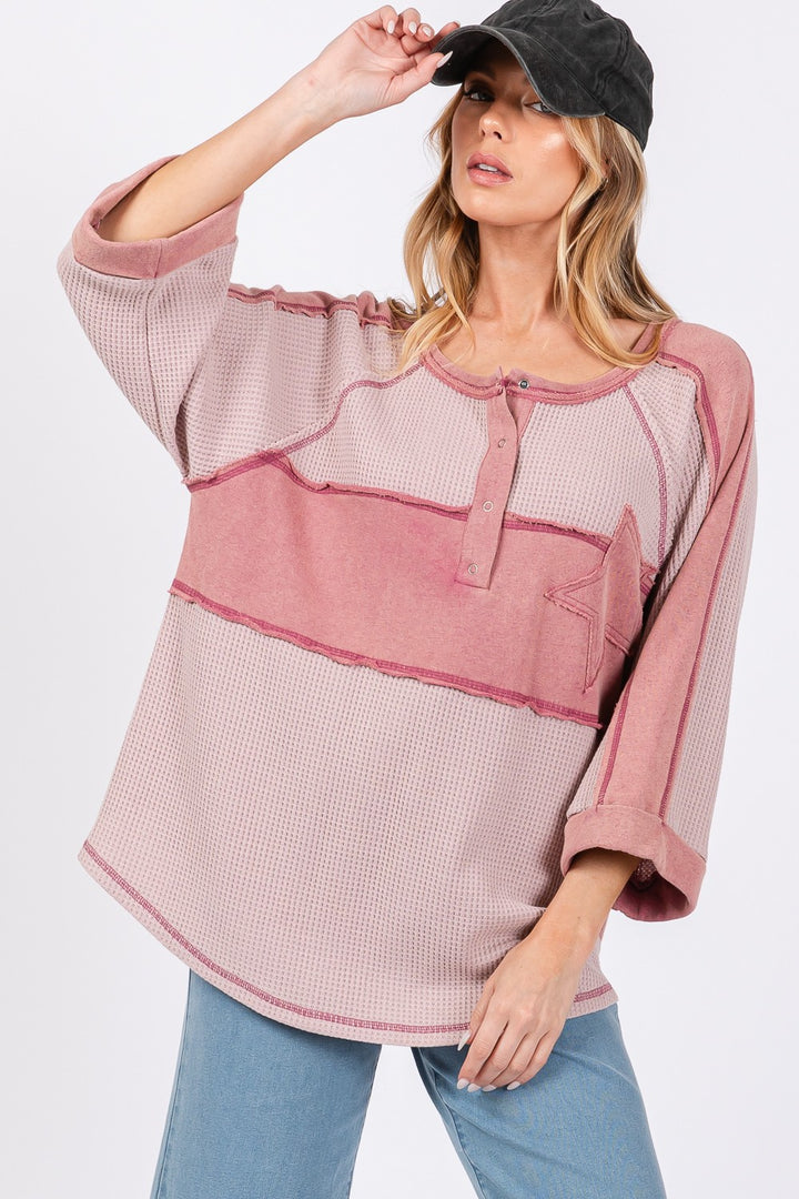 SAGE + FIG Star Applique Patch Exposed Seam Waffle Knit Top Mauve