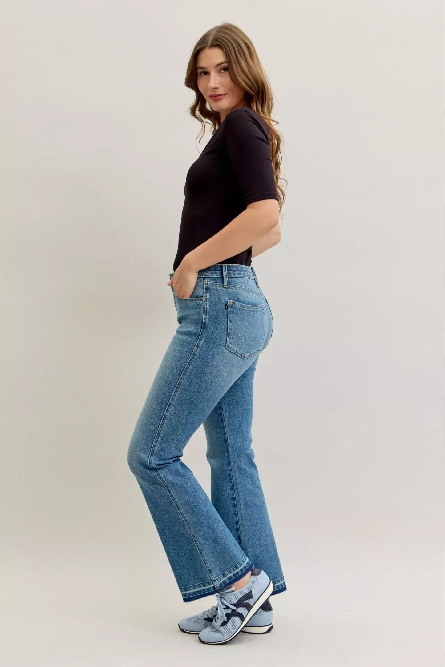 Judy Blue Full Size Mid Rise Slim Bootcut Tummy Control Release Hem Jeans Plus Size - DAVERRI FASHIONS