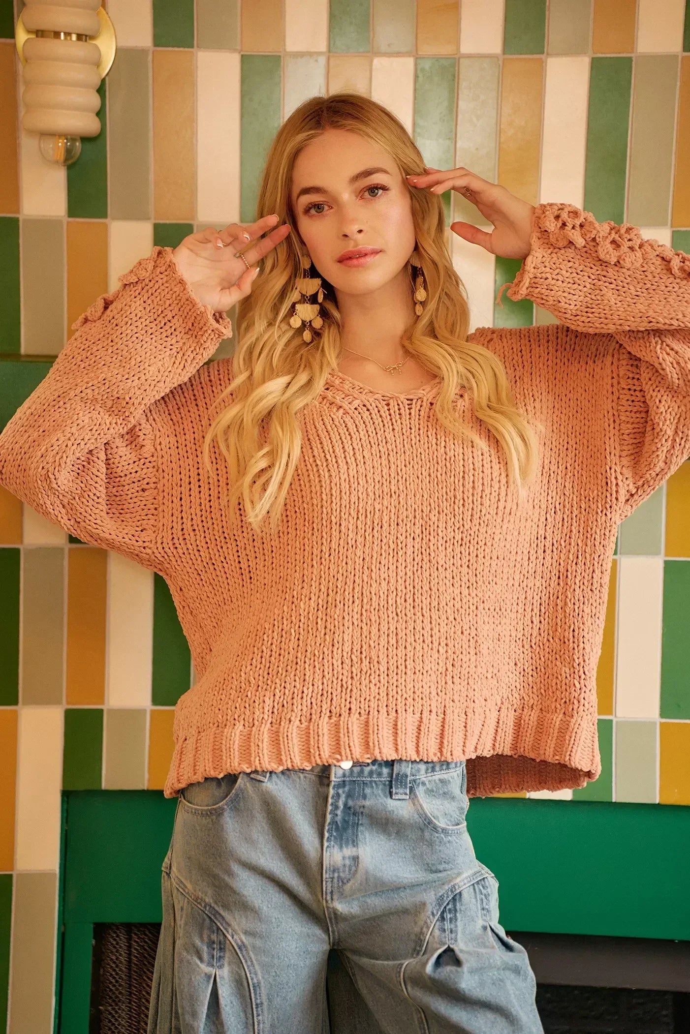 BiBi Chunky Knit Sweater with Flower Detail Sleeves - DAVERRI FASHIONS