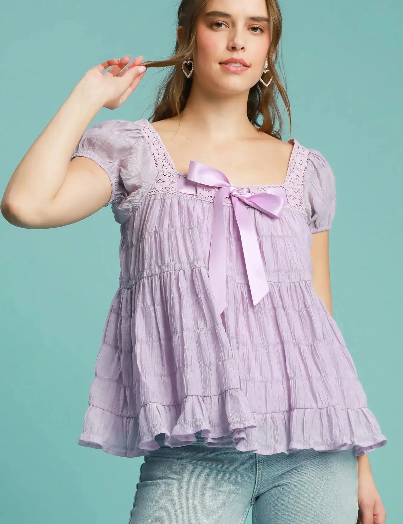 Lavender M Umgee Textured Square Neck Bow Tie Blouse with Ruffle Hem | Blouses Daverri Fashions