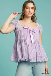 Lavender M Umgee Textured Square Neck Bow Tie Blouse with Ruffle Hem | Blouses Daverri Fashions