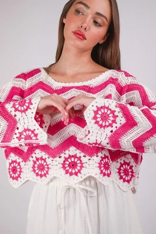 VERY J Chevron/Floral Pattern Crochet Knit Top - DAVERRI FASHIONS