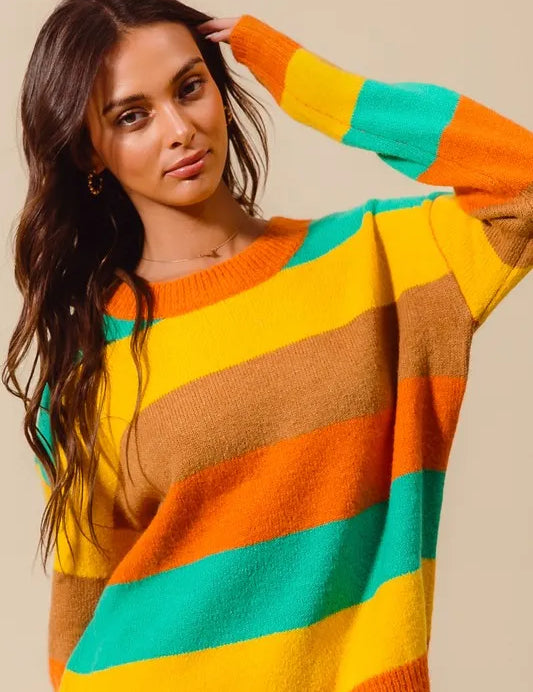 SO ME Multi Color Stripe Sweater with Ribbed Detail | Sweaters Daverri Fashions