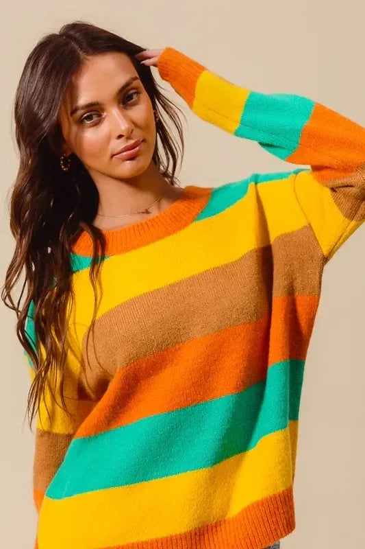 SO ME Multi Color Stripe Sweater with Ribbed Detail - DAVERRI FASHIONS