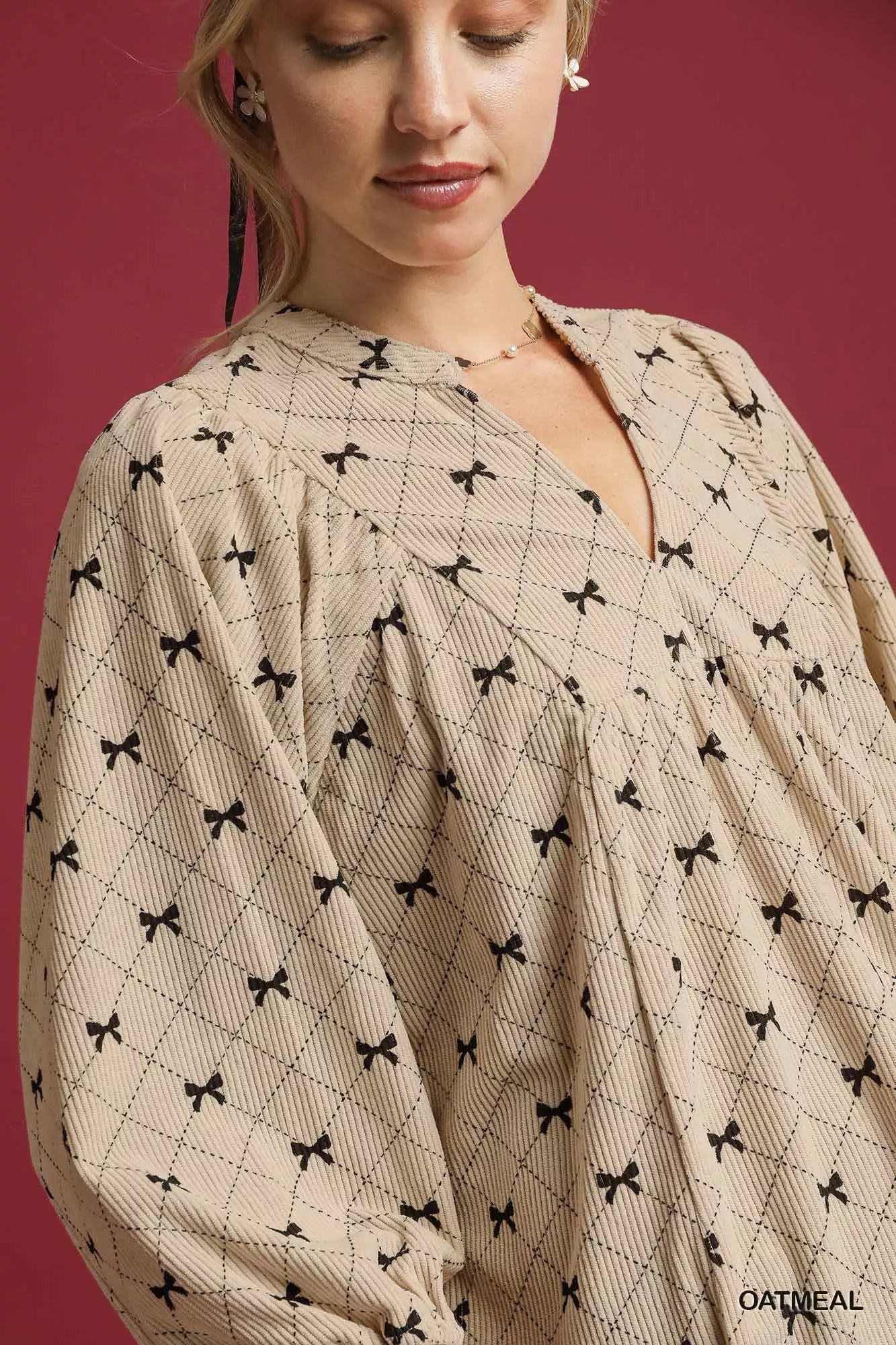 Umgee Corduroy Bow Print Balloon Sleeve Blouse | Blouses Daverri Fashions