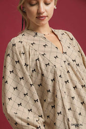 Umgee Corduroy Bow Print Balloon Sleeve Blouse | Blouses Daverri Fashions