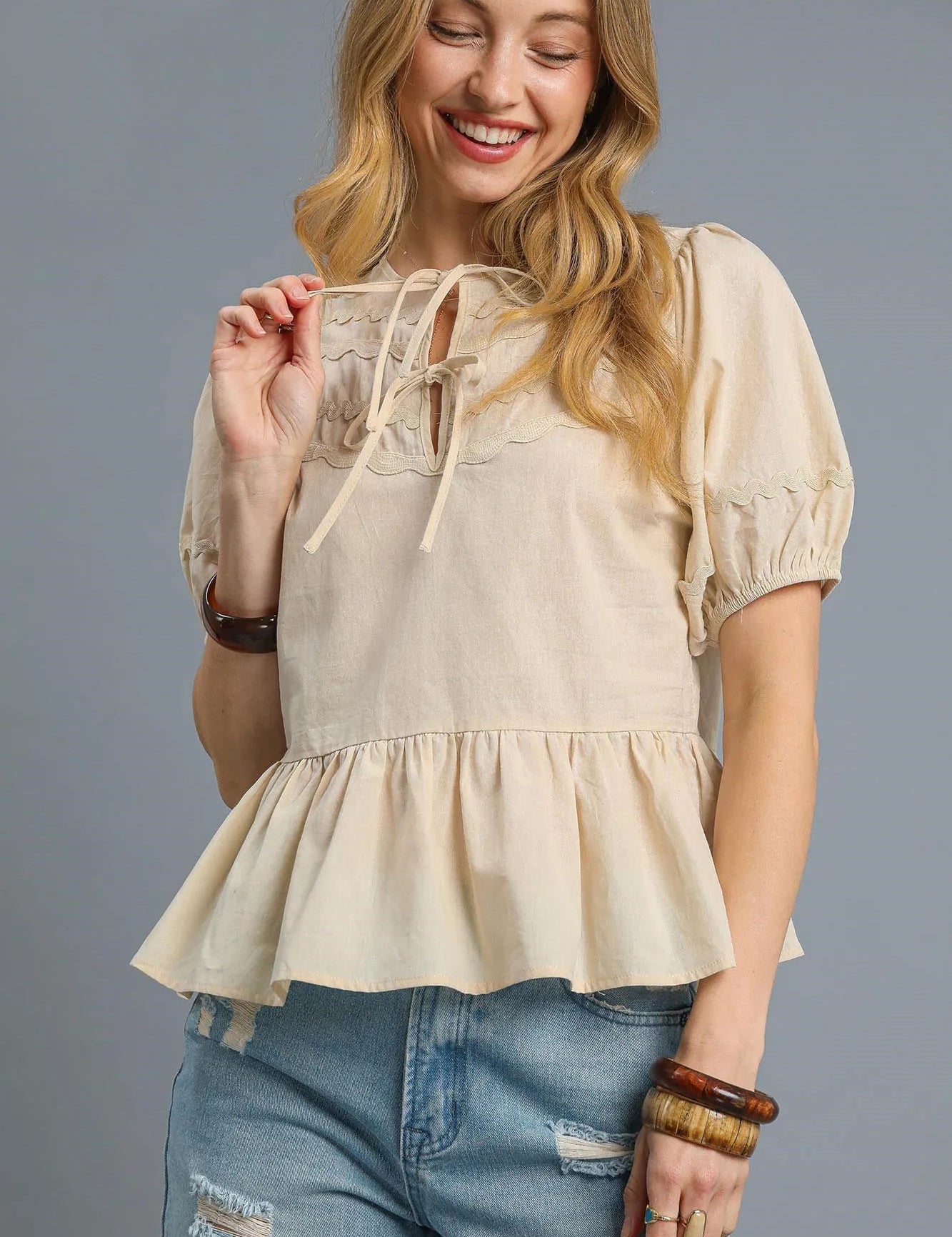 Cream Umgee Tie Front Puff Sleeve Blouse | Daverri Fashions