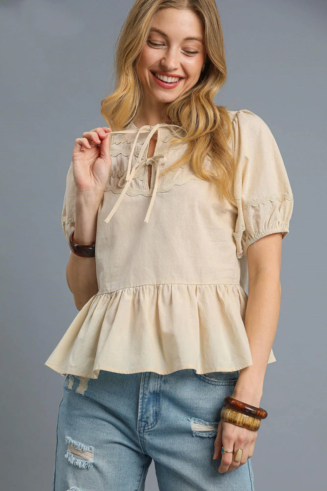 Umgee Tie Front Puff Sleeve Blouse Cream