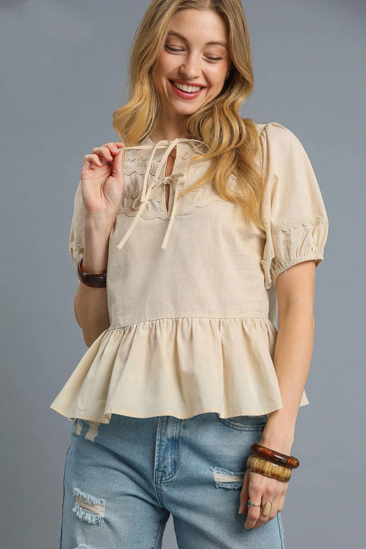 Umgee Tie Front Puff Sleeve Blouse Cream