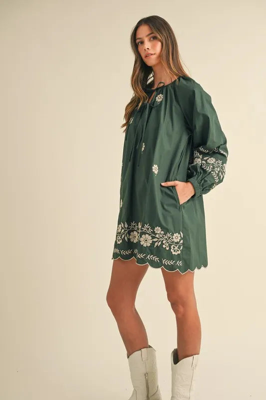 MABLE Embroidered Long Sleeve Peasant Mini Dress